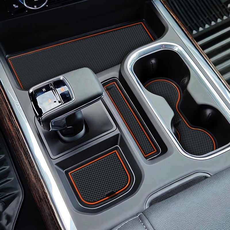 MOCHENT 7Pcs Center Console Liners for 2023 2024 2025 2026 Chevy SilveradoGMC Sierra 1500  2022 Refreshed 1500 Model Premium Custom NonSlip Cup Holder Mats Full Console wBucket Seats ONLY Orange